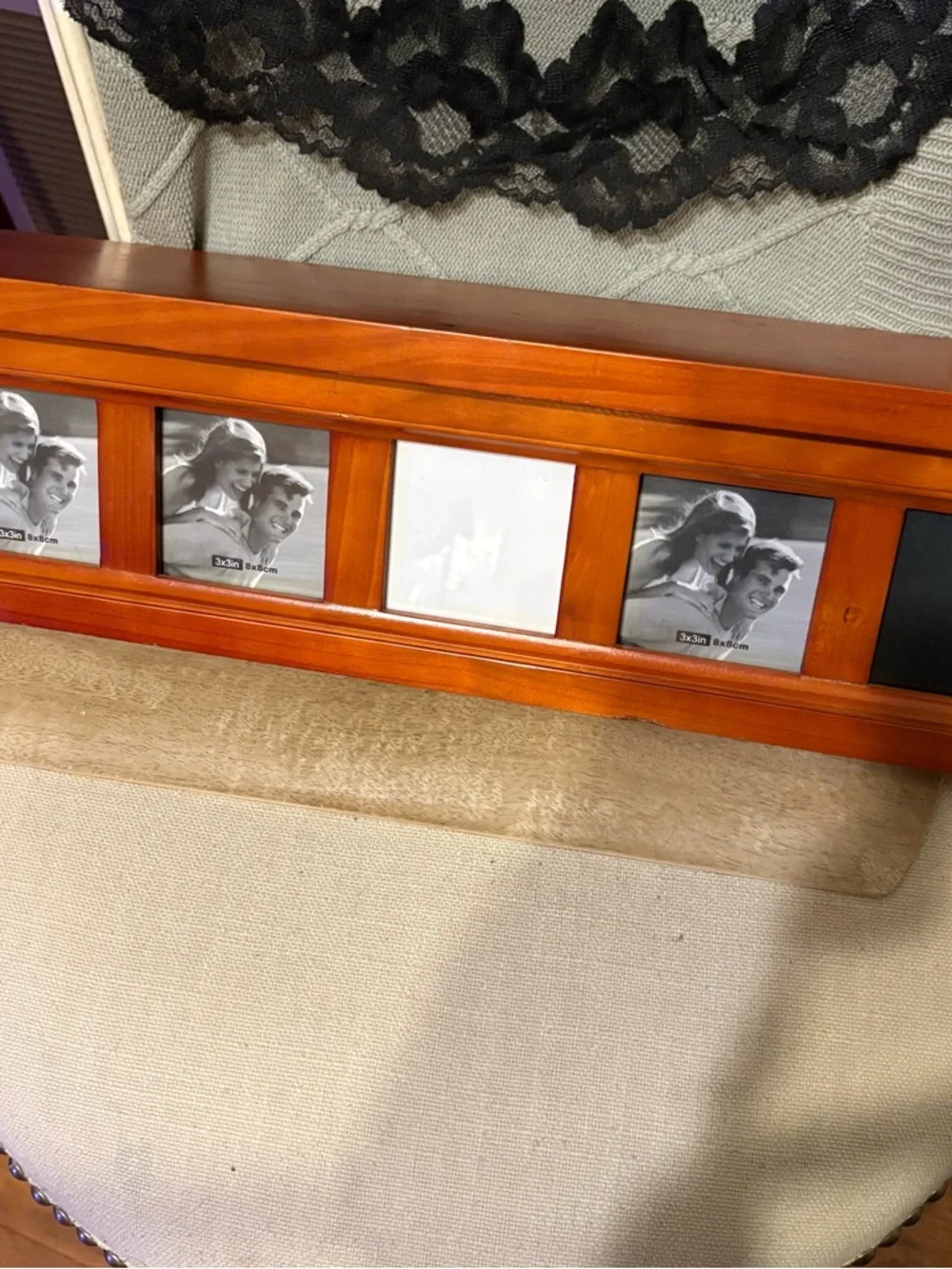 22’ Wall Hanging Wooden Shelf W/5 2.5x2.5’ Picture Framed Border W/glass Inserts